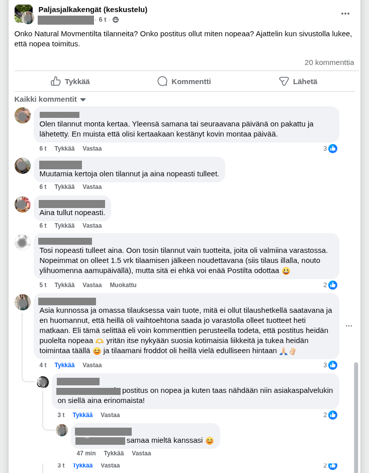 Keskustelua Facebookissa nopeista toimituksistamme